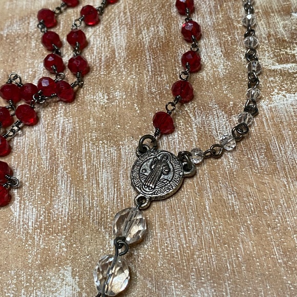 LOYAL MUSE Red & Clear Crystal Rosary Bead Necklace - Picture 7 of 9